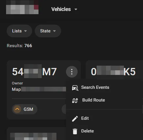 White-label vehicle card three-dot menu showing Search Events, Build Route, Edit, and Delete options