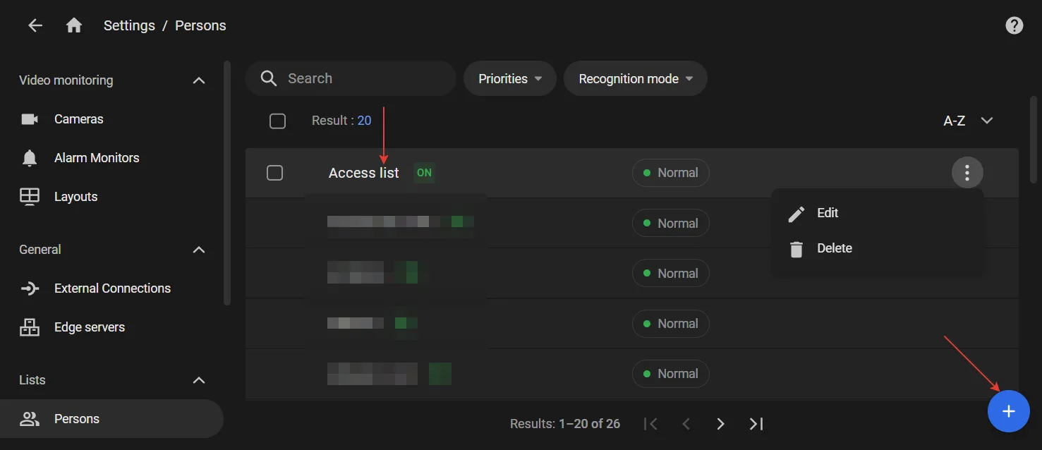 Settings — Persons list showing person lists with an arrow pointing to a list name to open its content, and the plus button in the bottom-right corner to create a list