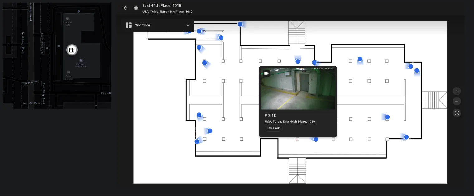 Floor plan of a building's 2nd floor with camera icons placed at their locations and a live preview pop-up open for camera P-2-18 in the car park