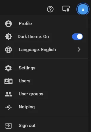 User menu listing Profile, Dark theme toggle, Language, Settings, Users, User groups, Netping, and Sign out