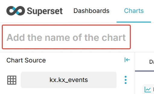 New chart screen with the chart name field highlighted and Chart Source set to kx.kx_events
