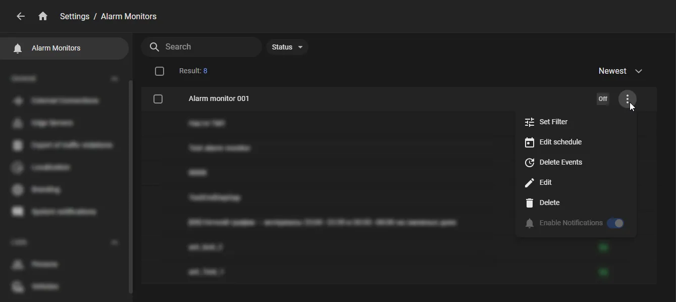 Alarm monitors — options menu on Settings