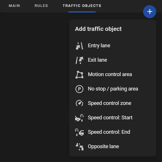 CarTrack Pro Traffic Objects tab with the Add traffic object menu open, including Opposite lane and Speed control zone