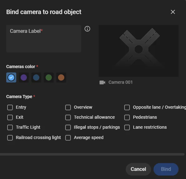 Bind camera to road object window with Camera Label, Cameras color, Camera Type including Opposite lane / Overtaking, and Bind