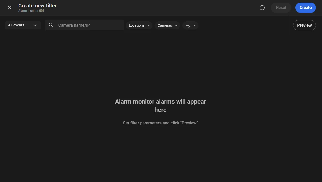 Create new filter window for an Alarm Monitor, with Preview on the filter toolbar