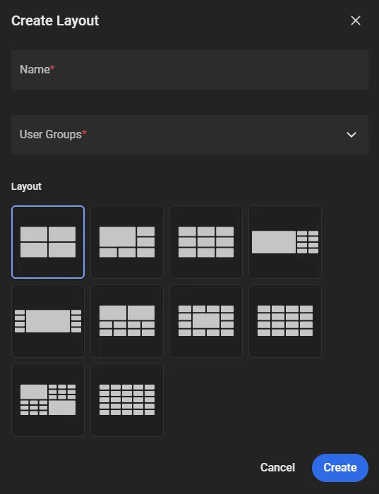 Create Layout dialog with Name, User Groups, and a grid of layout templates