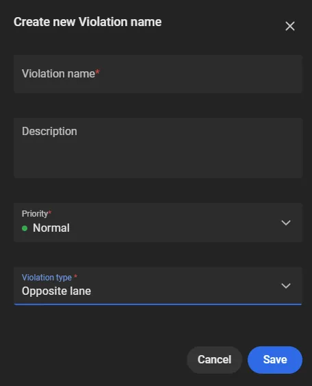 Create new Violation name window with Violation name, Description, Priority set to Normal, and Violation type set to Opposite lane