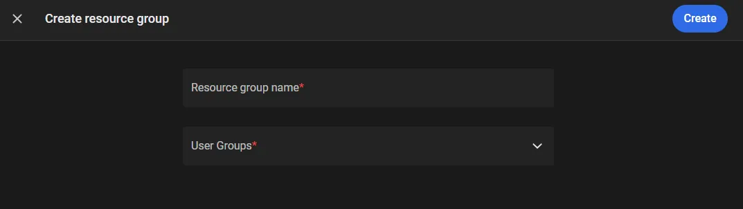 Create resource group form with required Resource group name and User Groups fields