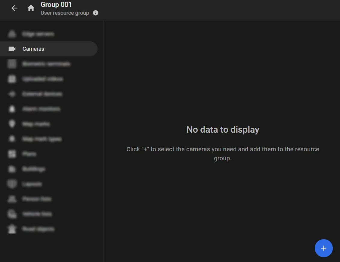 Resource group page with Cameras selected, empty list, and a + button to add cameras