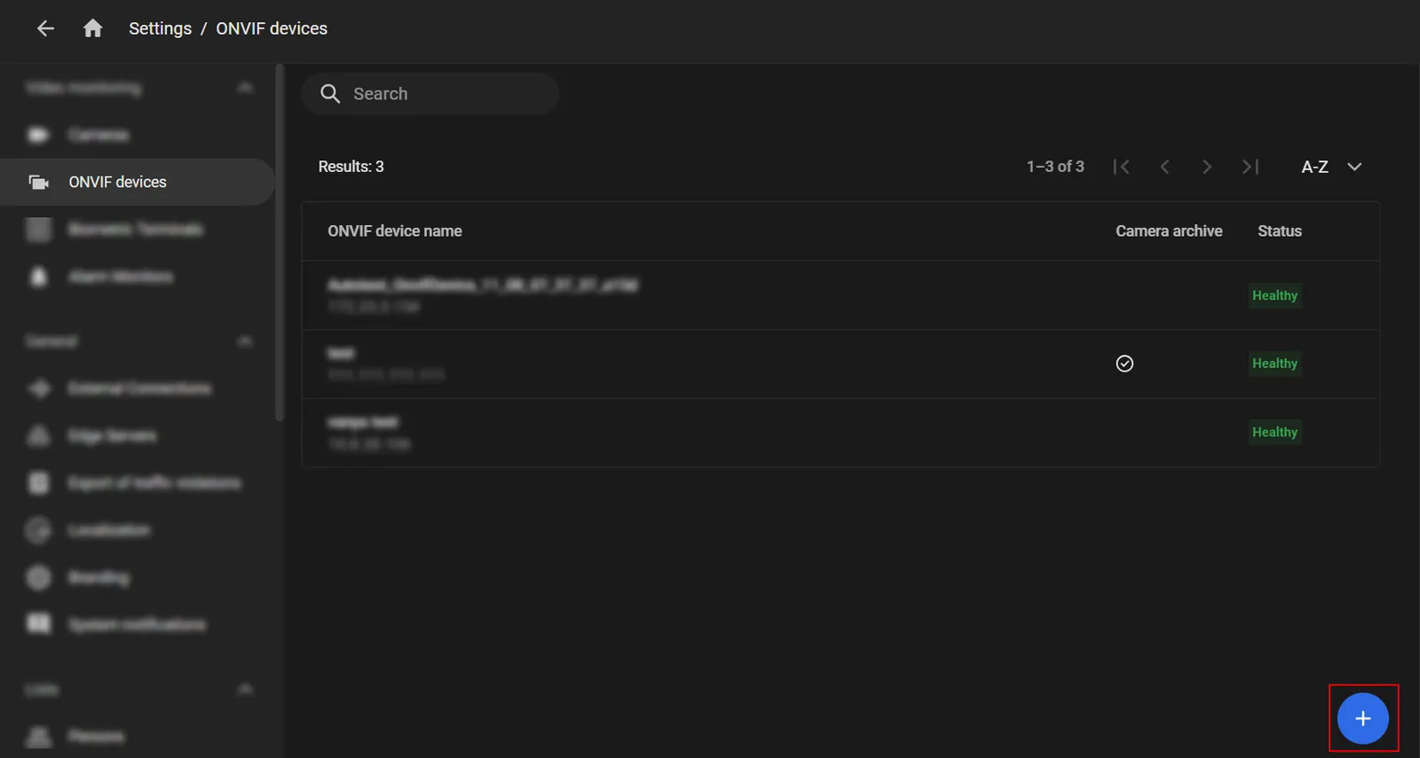 Settings, ONVIF devices list, with the plus button highlighted