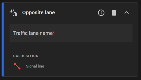 Opposite lane traffic object card with Traffic lane name and Signal line