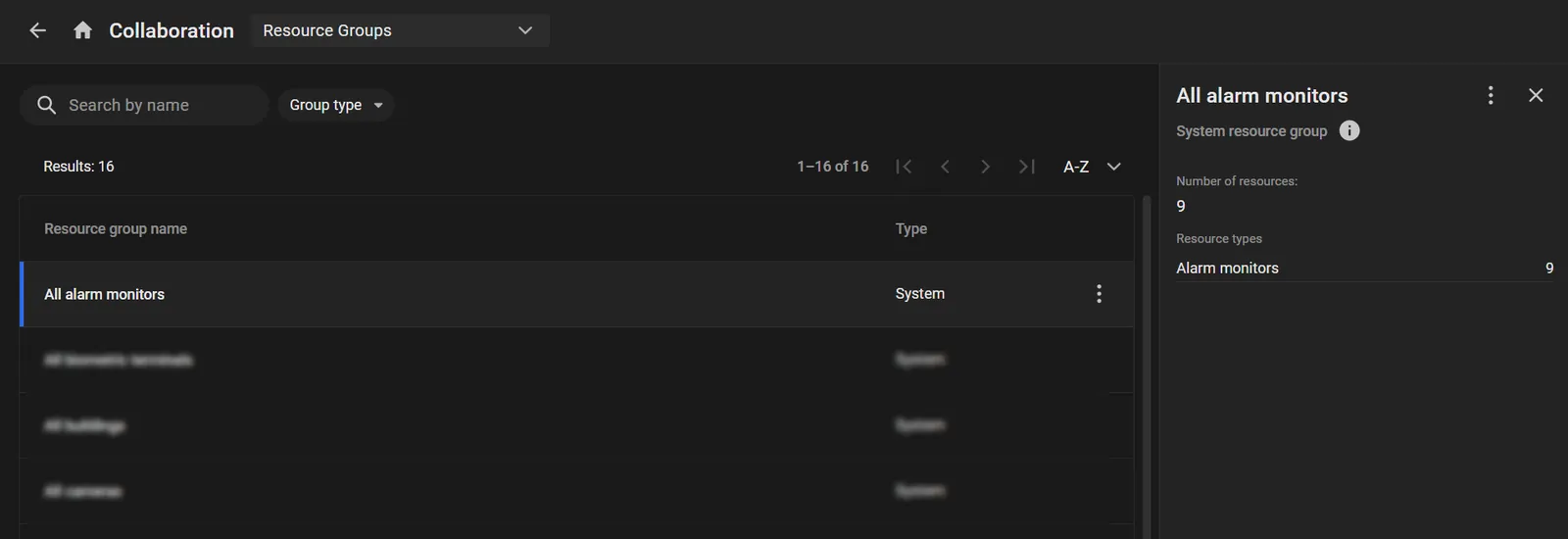 Resource Groups page with All alarm monitors selected and a side panel showing group type, resource count, and resource types