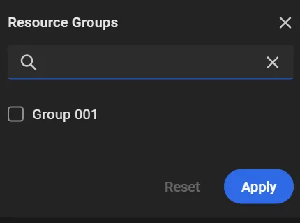 Resource Groups filter with a search field, Group 001 in the list, and Reset and Apply buttons