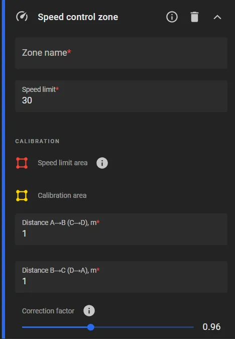 Speed control zone traffic object card with Zone name, Speed limit, Speed limit area, Calibration area, distances, and Correction factor