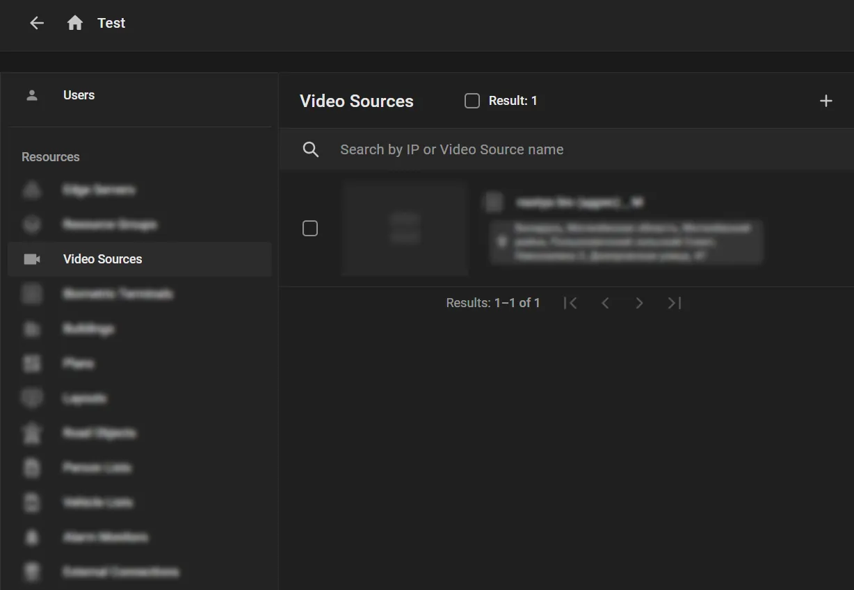 User group Test with the Resources area open, Video sources selected, one video source in the list, and a + button