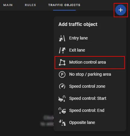 CarTrack Pro Traffic Objects tab with the Add traffic object menu open and Motion control area highlighted