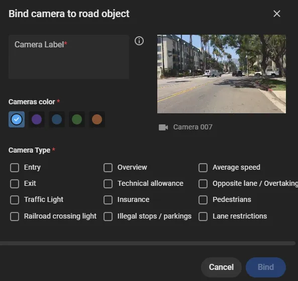 Bind camera to road object window with Camera Label, Cameras color, and Camera Type options