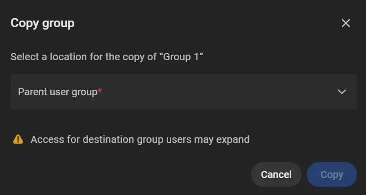 Copy group window with Parent user group and the Copy button