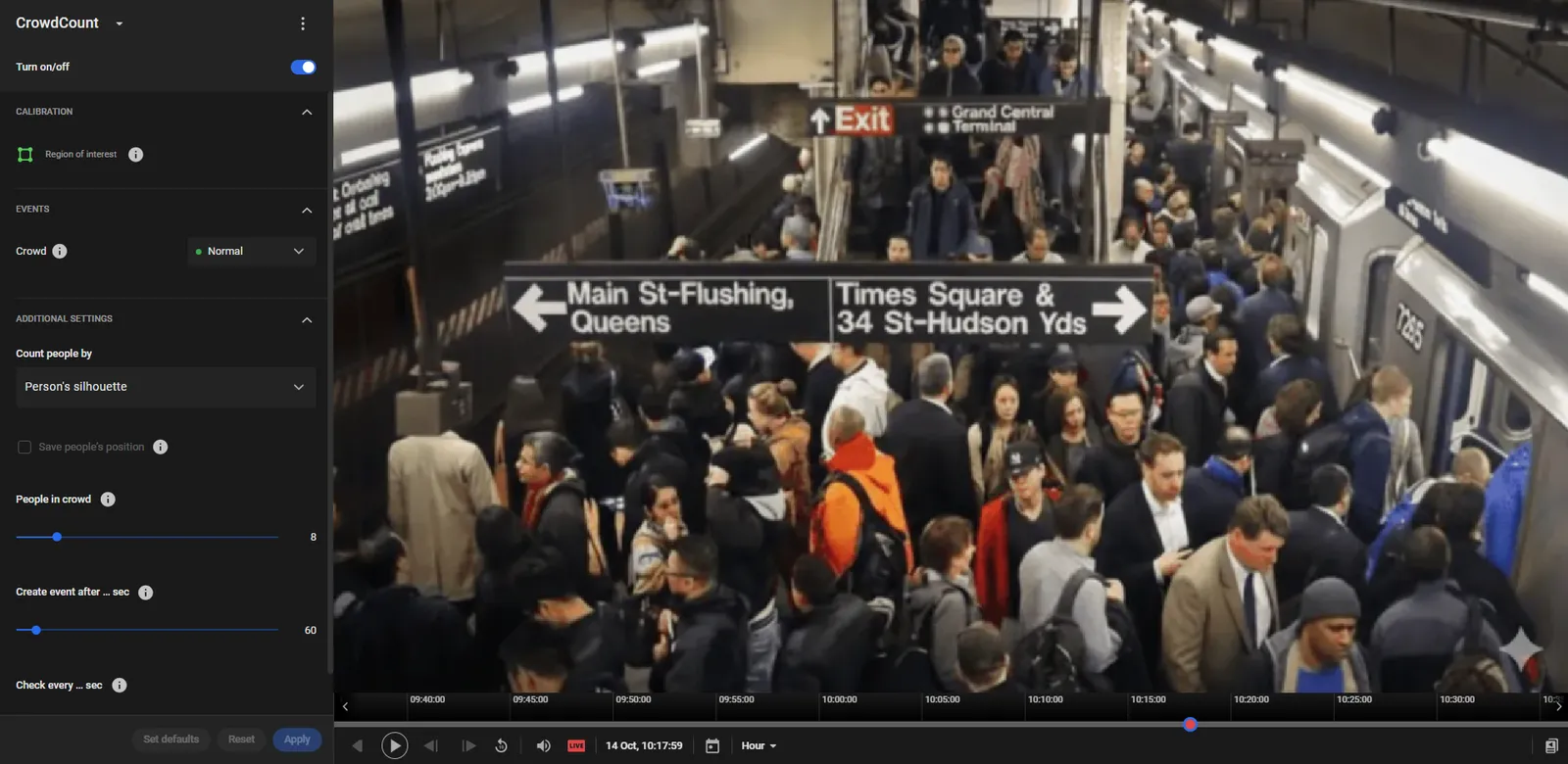 CrowdCount settings with Region of interest calibration and Additional Settings over a crowded subway platform, Count people by set to Person's silhouette, People in crowd at 8, Create event after … sec at 60, and Check every … sec at 60