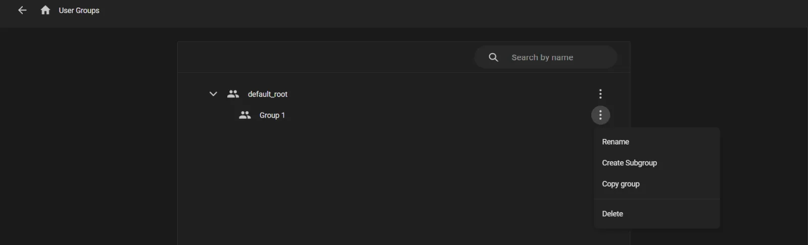 User Groups page with the options menu open, showing Rename, Create Subgroup, Copy group, and Delete
