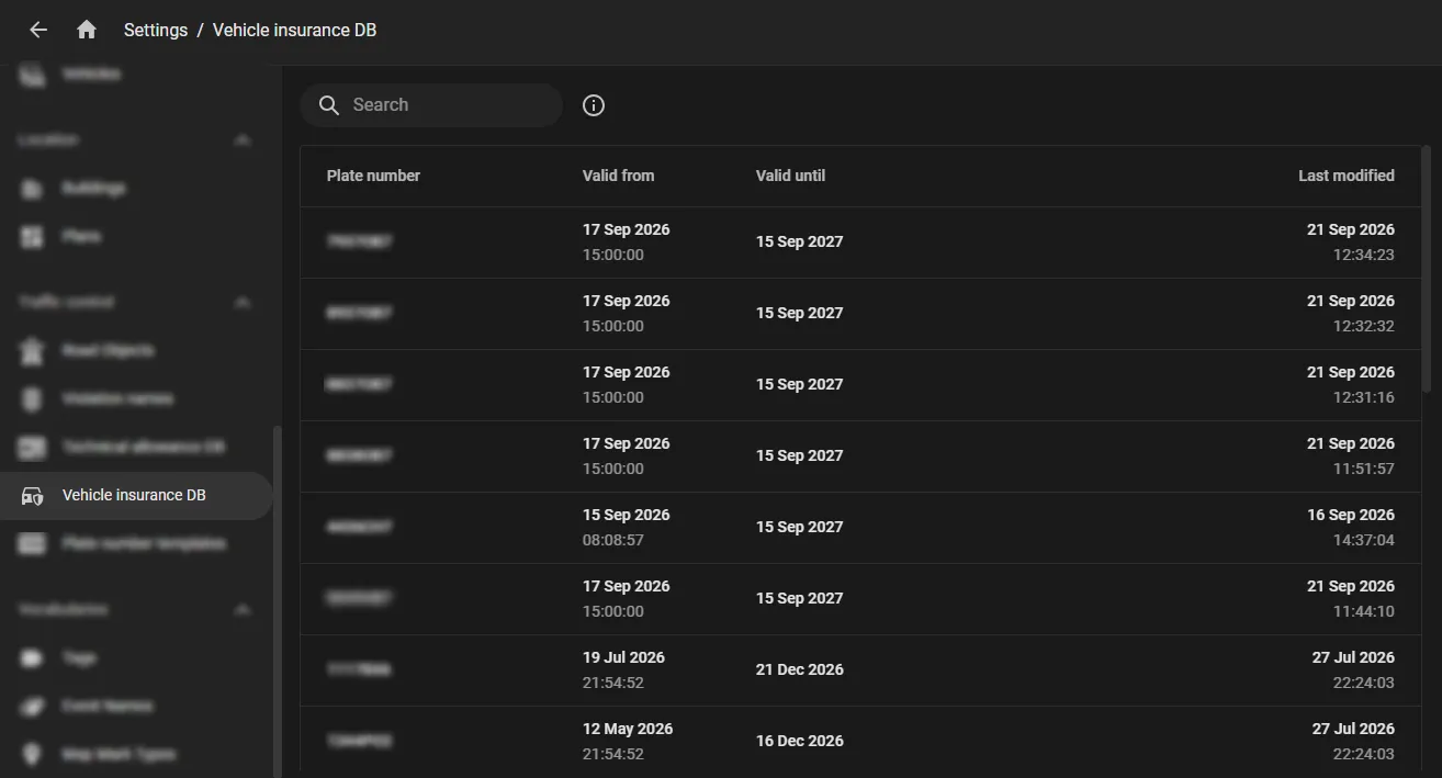 Settings page on the Vehicle insurance DB tab, with the search field and columns Plate number, Valid from, Valid until, and Last modified